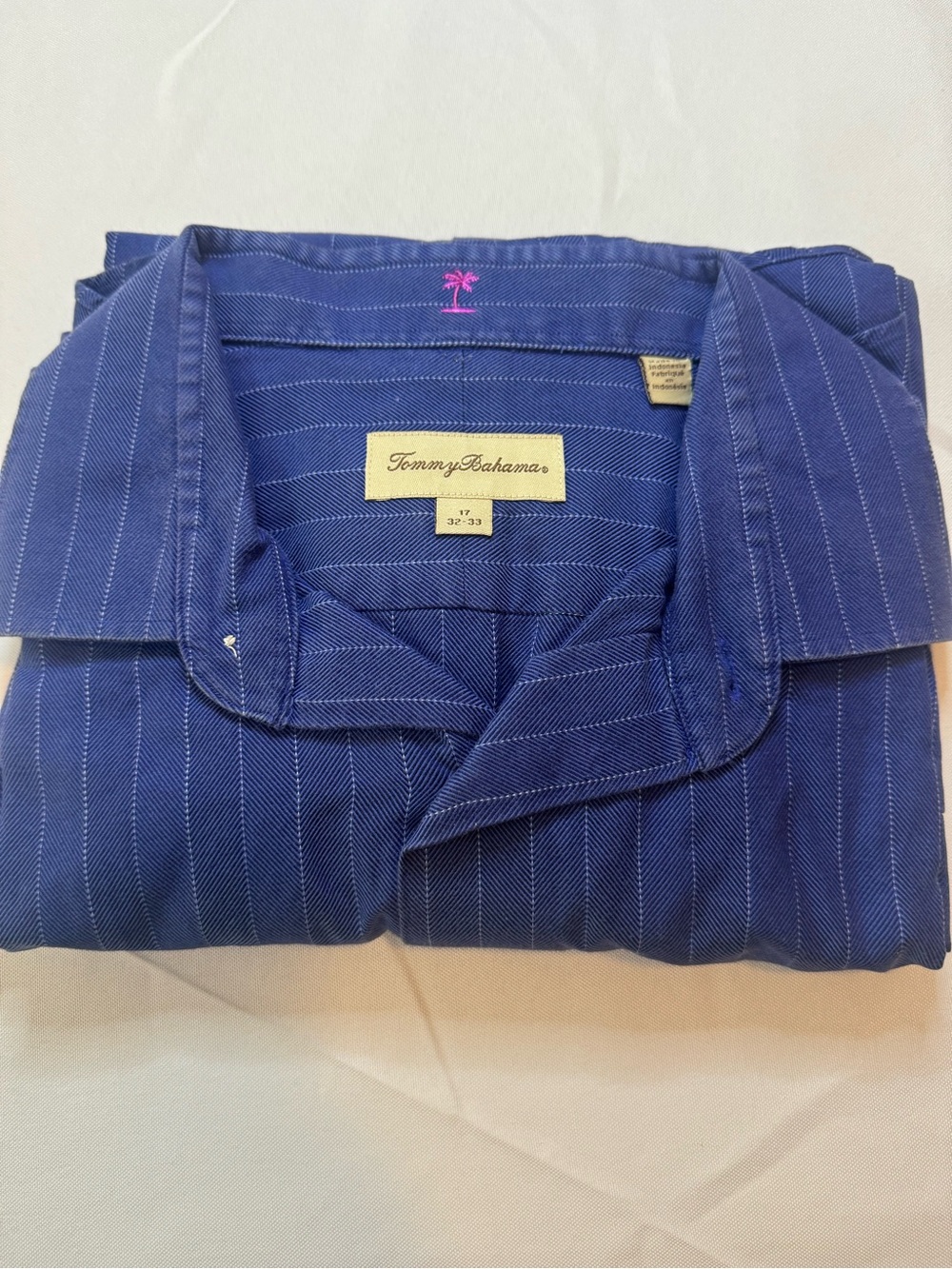 Tommy Bahama Navy Blue Pinstripe Camp Shirt